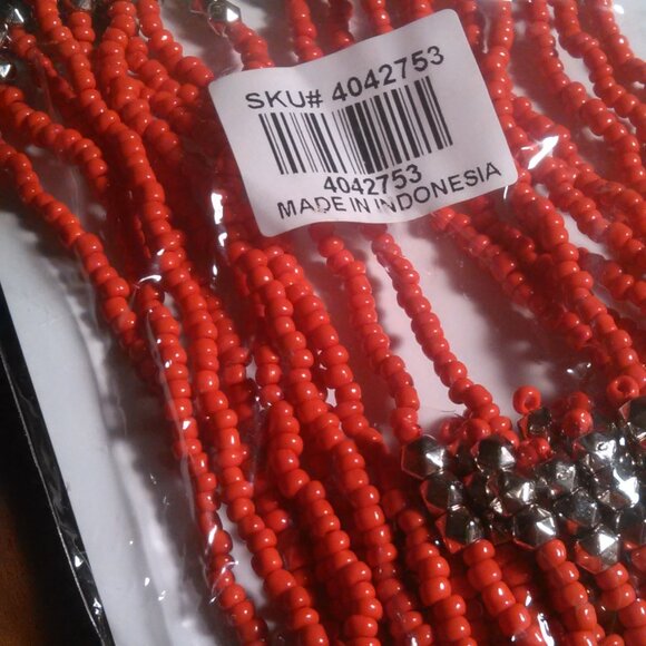 Red Seed Bead and Stainless Steel Multi-Strand Necklace and Dangle Earrings Set - Picture 11 of 11